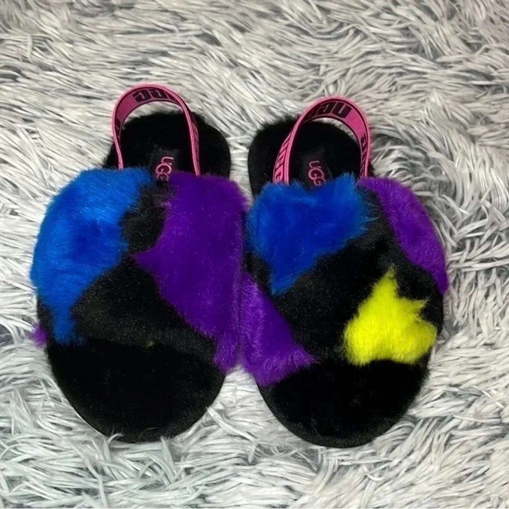 New! Multicolored Ugg Faux Fur Slippers Size 9